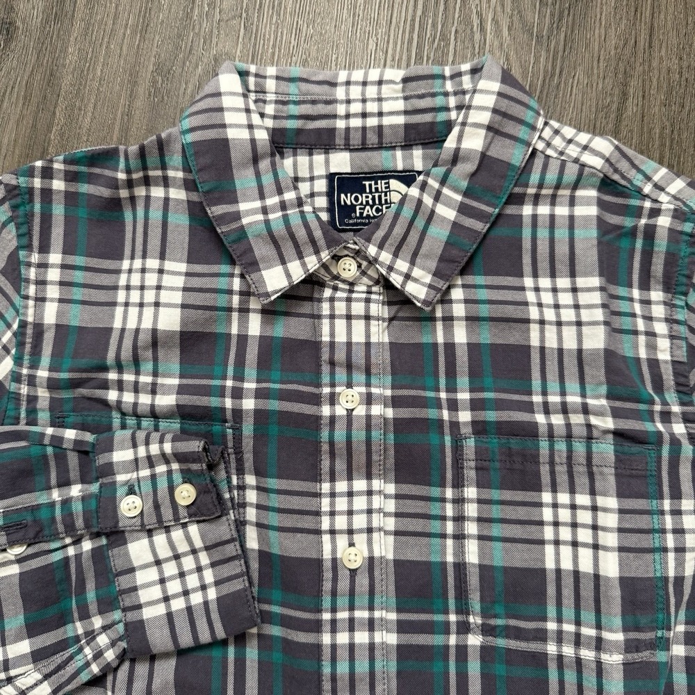 The North Face Plaid Shirt Button Up Blouse Roll Tab Sleeves Gray Green Large